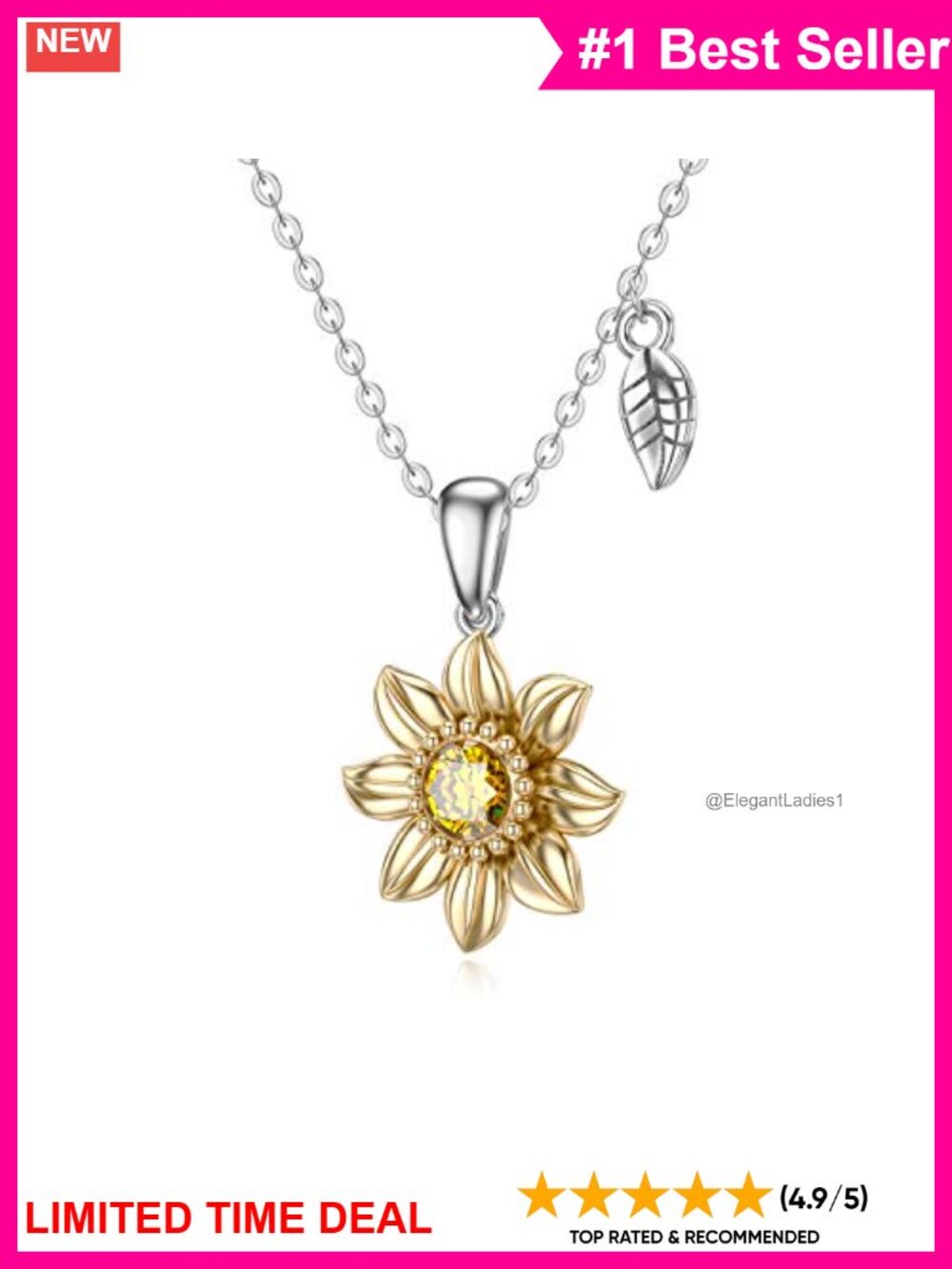 14K Solid Gold Sunflower Pendant Necklace Crystal 16+2" Adjustable